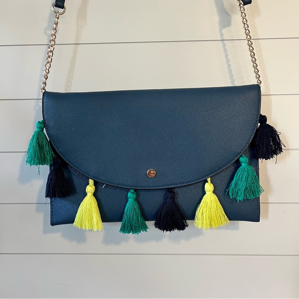 A New Day Blue Crossbody Bag with Colorful Tassels 12x8” Fringe Teal Boho